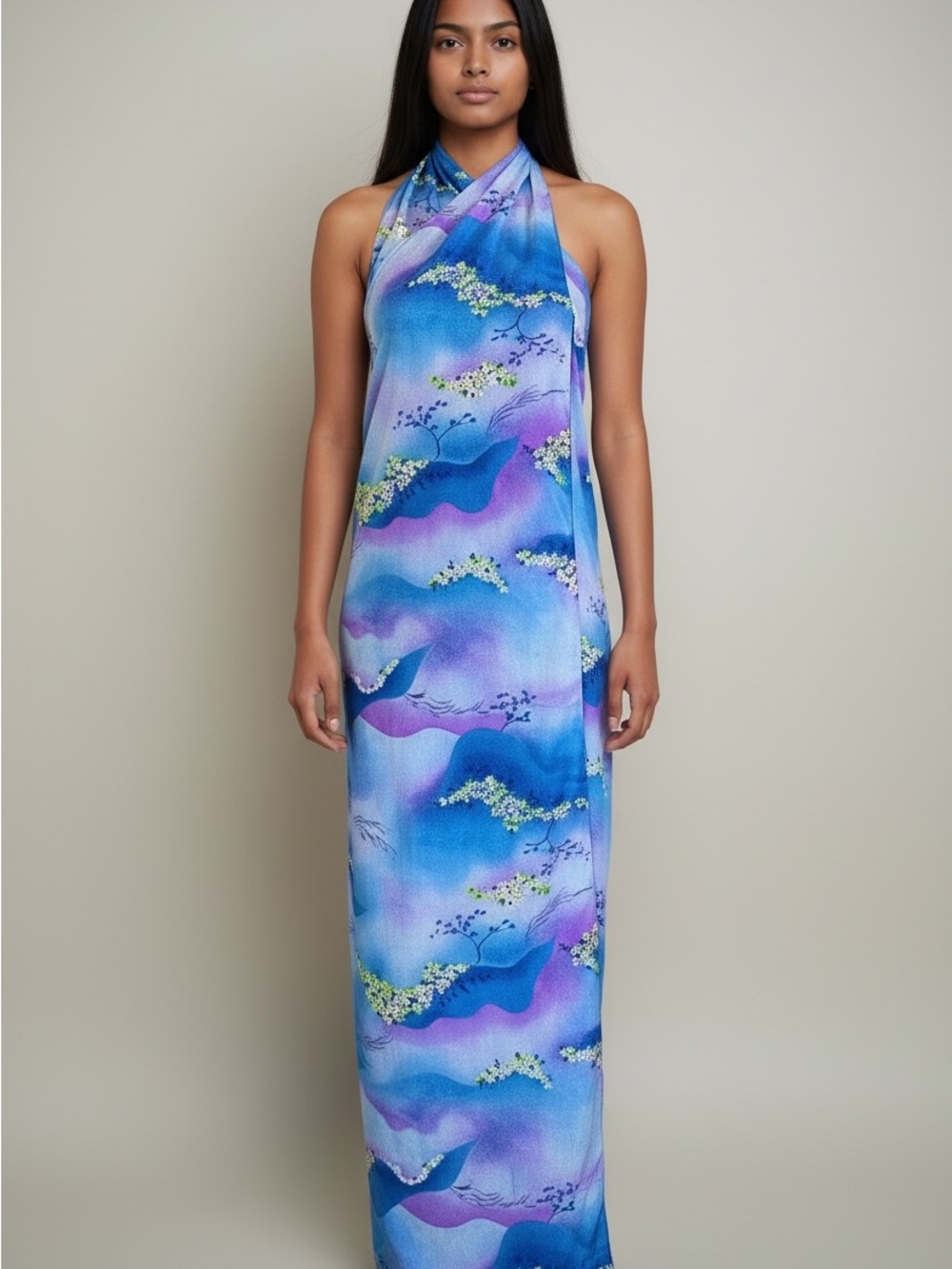 1970s Hawaiian Sarong Backless Tropical Halter Wrap Dress | SML